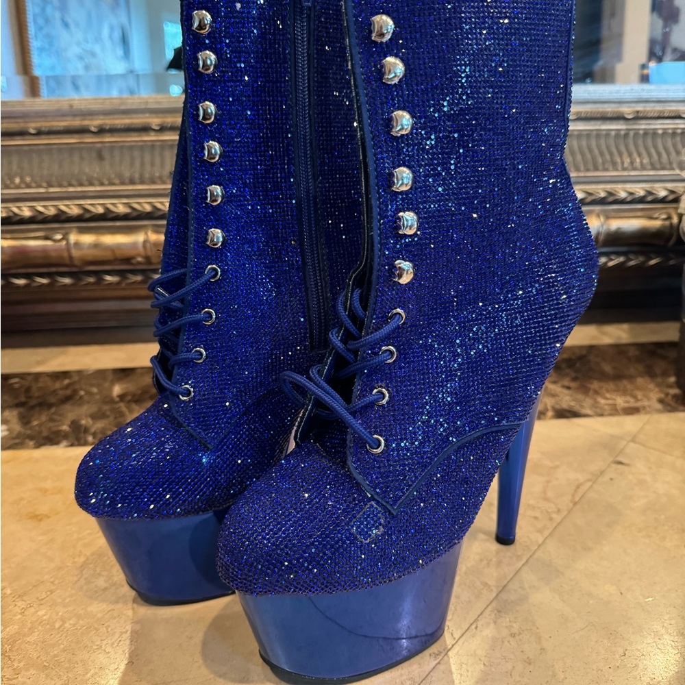 Royal Blue Rhinestone 8 Inch Pleaser Boots - Picture 2 of 7